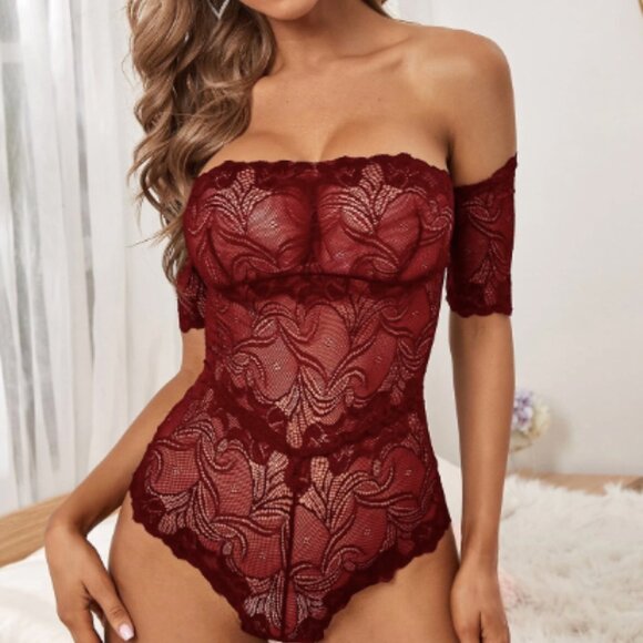 Lace-up Back Floral Lace Bardot Teddy Bodysuit One-Piece Red - Picture 2 of 8